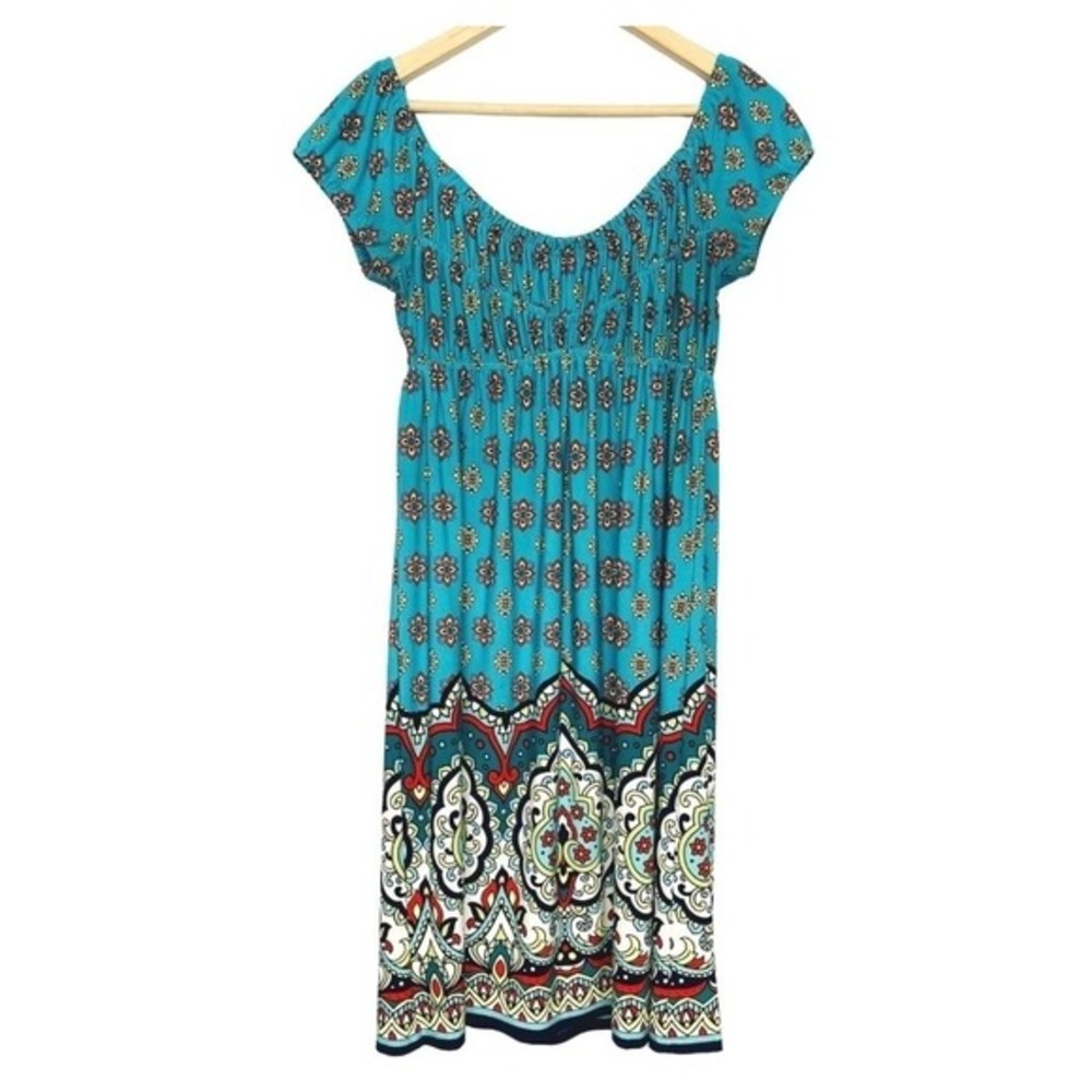 Muse Milkmaid Dress Womens Size‎ 4 Blue Paisley Print Knit Pullover Bohemian